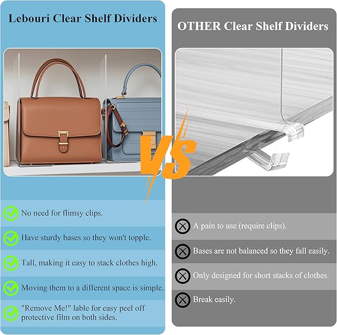 Acrylic Shelf Dividers for Closet Organization: 10" Tall x 12" Deep Closet Shelf Divider for Clothes Sweater Purse - Clear Closet Organizers and Storage Separators for Shelves, 4Pack