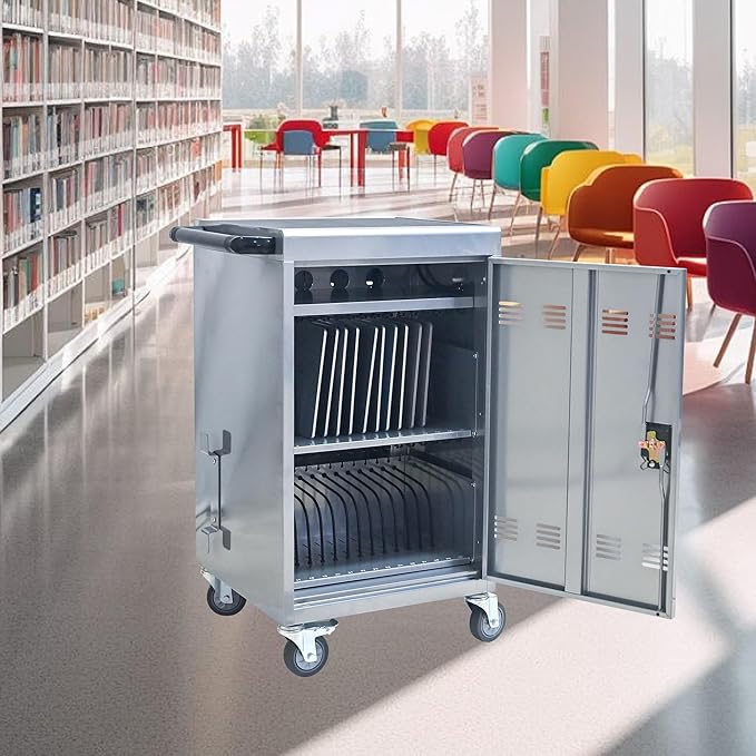 Laptop Charging Cart,32 Devices Tablet Storage Carts for Pad Up to 16.3" Screen Size, Classroom Computer Mobile Charging Station for Pads,Chromebooks,Laptops,Security Storage (30+2 Bay-Silver)