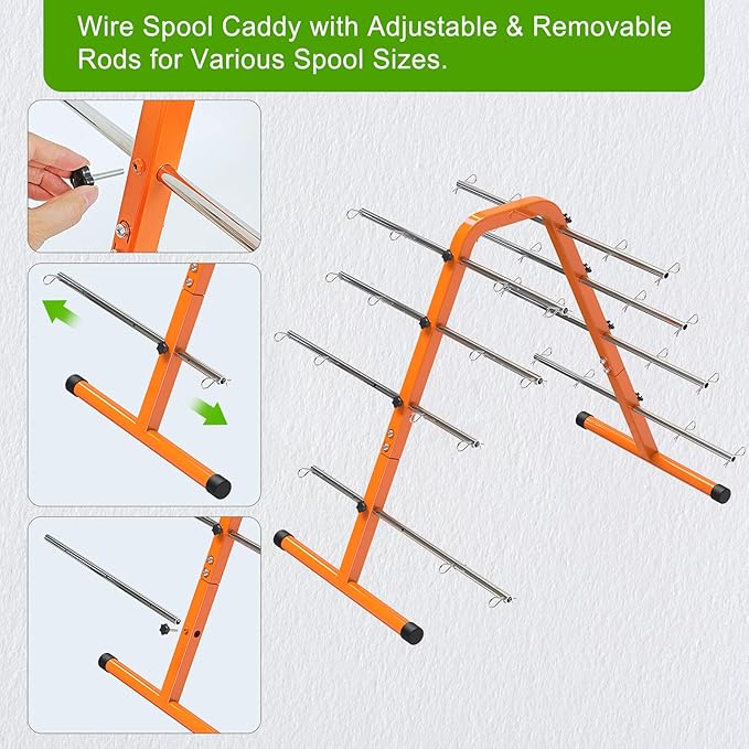SELEWARE Portable Wire Spool Caddy – Heavy-Duty Steel Cable Dispenser with 8 Adjustable Rods for Effortless Spool Storage & Dispensing (Orange)