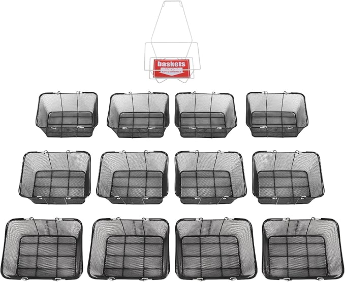 Set of 12 Shopping Baskets with Handles, Portable Black Metal Shopping Basket 15.7" x 12" x 7" Wire Mesh shopping Basket with Stand for Retail Stores Supermarket Grocery