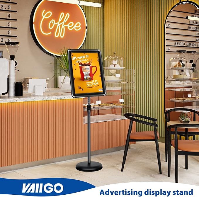 11x17 Inch Adjustable Pedestal Poster Sign Stand, Heavy Duty Floor Standing Sign Holder Stand Aluminum Snap Open Frame for Vertical and Horizontal View Sign Displayed (Black, Round)