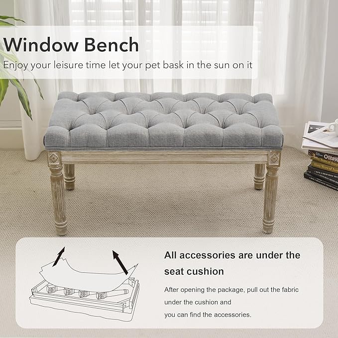 LOULENS French Vintage Bench, Linen Fabric Entryway Bench, Upholstered Tufted End of Bed Bench with Brushed Wood Legs, Grey