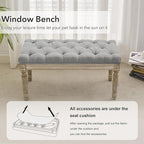 LOULENS French Vintage Bench, Linen Fabric Entryway Bench, Upholstered Tufted End of Bed Bench with Brushed Wood Legs, Grey