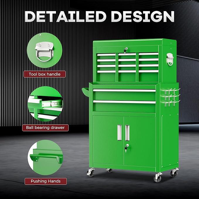 Bonusall 8 Drawer Rolling Tool Chest and Cabinet Combo,Heavy-Duty Metal Garage Tool Chest with Wheels and 2 Doors,2-in-1 Top Box and Roller Cabinet Combo for Garage, Workshop, Warehouse-Green