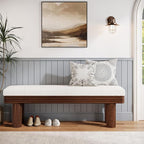 Tribesigns 55-Inch Upholstered Entryway Bench, Modern Shoe Bench with Faux Shearling Padded Seat, Upholstered End of Bed Stool for Bedroom, Entrance, Living Room (White & Dark Walnut)