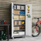 Metal Garage Storage Cabinet with Wheels, 71" H×32" W×16" D Metal Storage Cabinet with 5 Adjustable Shelves,Pegboard and Lockable Doors for Garage Home Office Utility Room,Required Assembly