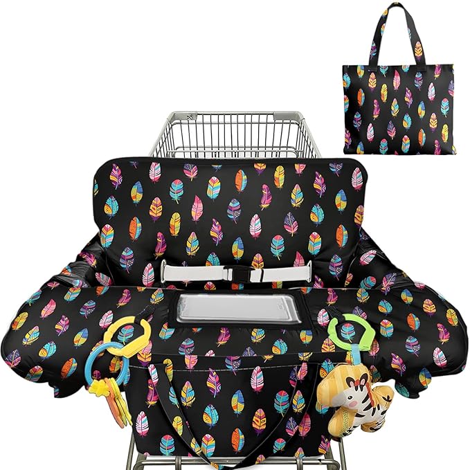 Shopping Cart Cover for Baby 2-in-1 High Chair Cover with Safety Harness Multifunctional Indian Colorful Feathers Cart Covers for Babies Soft Padded Grocery Cart Cover for Baby Boy Girl
