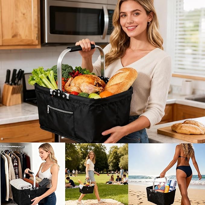 Shopping Bag Basket, Large Capacity, 26L, Foldable Grocery Storage Container, Market Shopping Basket, Easy To Carry, For Everyday Supermarket And Outdoor Picnic