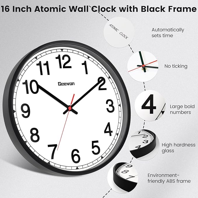 Geevon 16 Inch Atomic Wall Clock - Self-Setting Analog Clock with Automatic Time Sync - Battery Operated for Home Office School - Black Frame