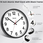 Geevon 16 Inch Atomic Wall Clock - Self-Setting Analog Clock with Automatic Time Sync - Battery Operated for Home Office School - Black Frame