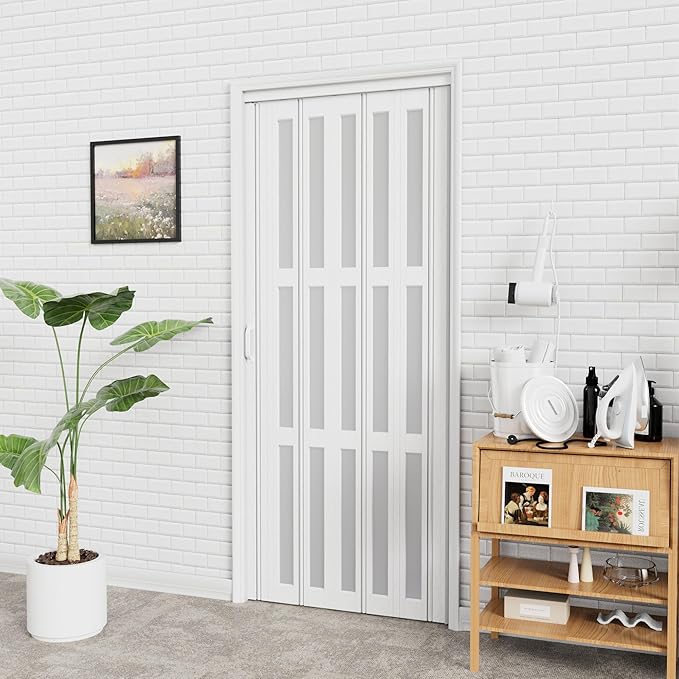 24-36 x 80in Accordion Doors Interior Folding Door, White PVC Accordion Door with 3 Frosted Acrylic Glass with Upgraded Roller & Handle & Complete Hardware, for Closet Bathroom Doorways
