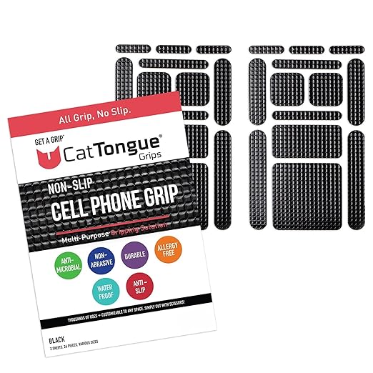 CATTONGUE GRIPS Cell Phone Grip Tape Durable, Non-Abrasive Grip Tape with Pre-Cut Strips for Phone, Mouse, Laptop, Tablet, Gaming Devices & More, Customizable, Non Slip Phone Grip (Black)