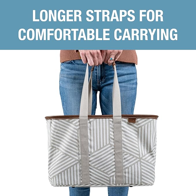CleverMade Snapbasket LUXE Collapsible Tote - Geometric Taupe 1 Pack 30L / 8 Gal - Reusable Grocery Collapsible Storage Shopping Organizer