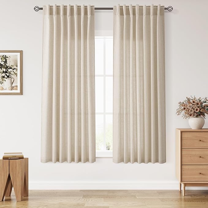 Nanspring Living Room Curtains 63 Inch Length Linen Birch Beige Luxury Light Filtering Semi Sheer Curtain Back Tab Modern Farmhouse Decor Elegant Coastal Drapes for Bedroom Office 52x63, 2 Panels