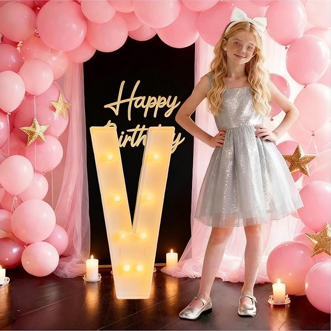 3FT/36 Inch Marquee Light up letters with Warm Lights,White Marquee letter A-Z for Birthday Party Large Mosaic Frame Letter Cardboard Pre-Cut Foam Board Sign Diy Decorations Anniversary (V)