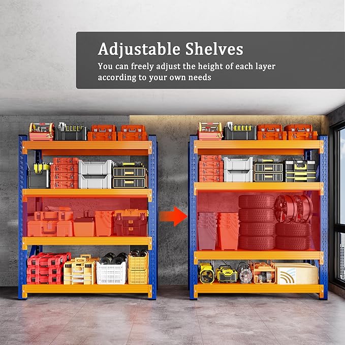 4000LBS Garage Shelving 48" W Garage Shelving Heavy Duty 4-Tier Metal Storage Shelves Adjustable Shelf Unit Storage Rack for Basement Supermarket Warehouse 48" W x 20" D x 78" H Blue-Orange