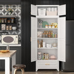 90" Kitchen Pantry Cabinet with Drawer, Metal Storage Cabinets with Doors and 4 Adjustable Shelves,White Kitchen Cabinet with 2 Gold Handles,Food Cupboard for Livingroom,Pantry, Bathroom
