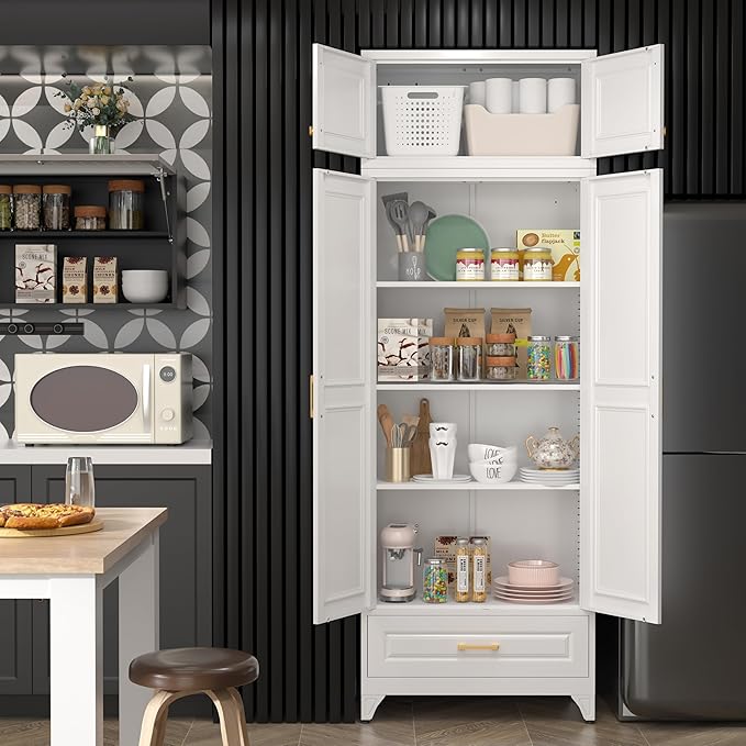 90" Kitchen Pantry Cabinet with Drawer, Metal Storage Cabinets with Doors and 4 Adjustable Shelves,White Kitchen Cabinet with 2 Gold Handles,Food Cupboard for Livingroom,Pantry, Bathroom