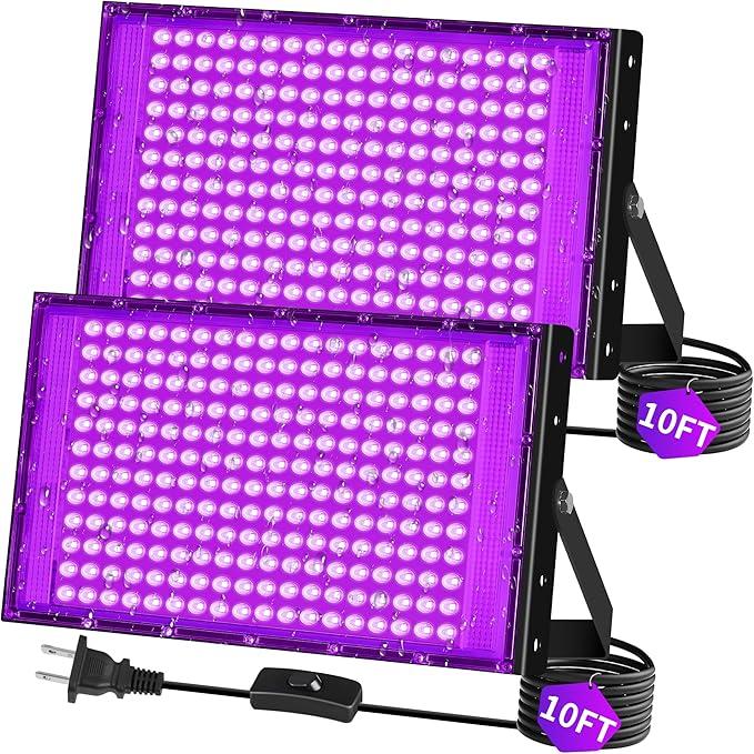 200W LED Black Lights IP66 Waterproof Black Light Outdoor with 10ft Plug+Switch, Flood Blacklight for Halloween Glow in The Dark Party Stage Light Neon Glow Birthday 2 Pack