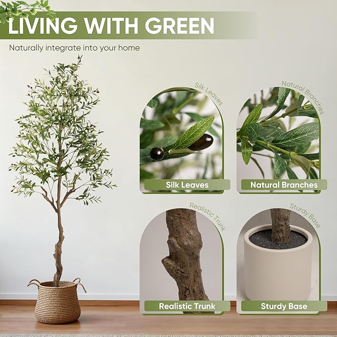 2 Pack Artificial Olive Tree 7FT, Tall Faux Olive Trees with White Pot for Indoor Outdoor, Realistic Potted Plant Natural Wood Trunk, Leaves and Fruits for Home Office Decor (2, 7FT)