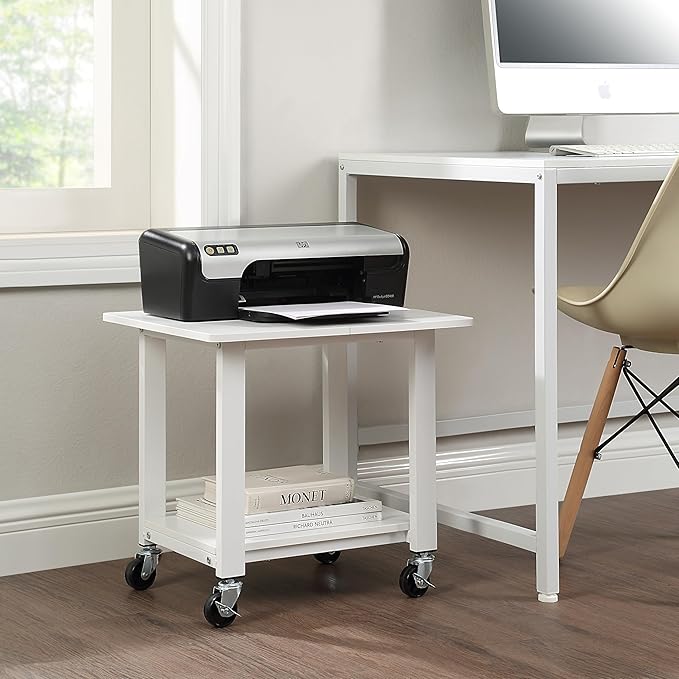 SunnyPoint 2-Tier Under Desk Printer Stand with Storage Shelf and Steel Frame, Industrial Mobile Printer Cart Holder with Lockable Improved Industrial Wheels for Home and Office (WHT)