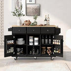 Yayzy Rolling Kitchen Island with 2 Bar Stools, Drop Leaf, Cabinet Door Storage Racks & 3 Drawers, Mobile Kitchen Cart with Rubberwood Top & Locking Wheels for Dining Room & Kitchen, 53-Inch, Black