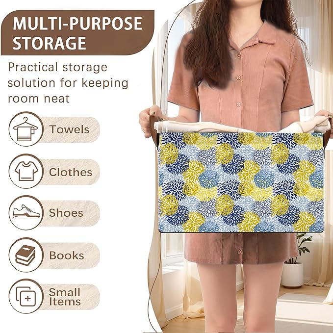 Floral Chrysanthemum Storage Basket Large 17x11.5x10.5 Inche-Collapsible Fabric Organizer Bin with Handles for Seasonal Decor,Living Room,Porch-Decorative Hamper with Elegant Blossom Pattern-1 Pack
