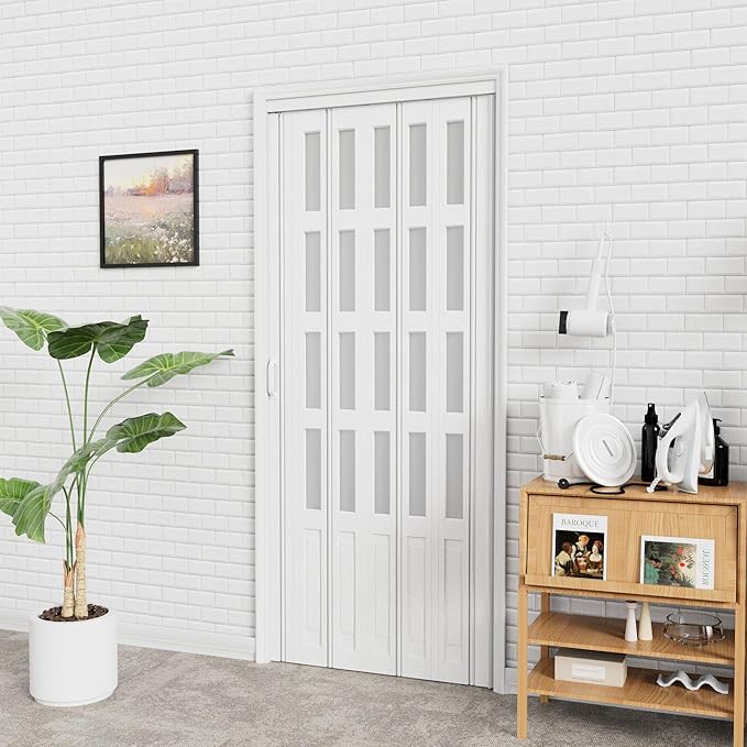 37-48 x 80in Accordion Doors Interior Folding Door, White PVC Accordion Door with 4 Frosted Acrylic Glass with Upgraded Roller & Handle & Complete Hardware, for Closet Bathroom Doorways