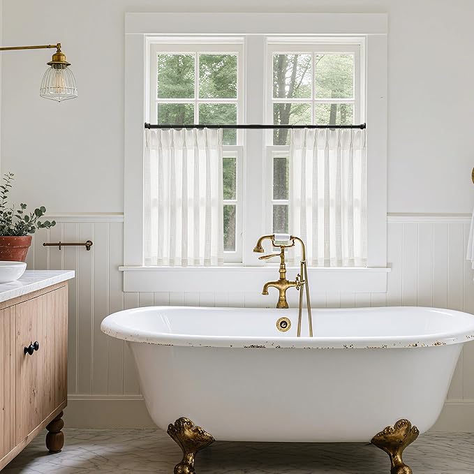 Ivory Linen Kitchen Curtains 36 Inch Length Pinch Pleated 2 Panels for Small Window Privacy Light Filtering Bathroom Window Drapes Neutral Semi Sheer Short Curtains for Front Door Laundry RV Camper