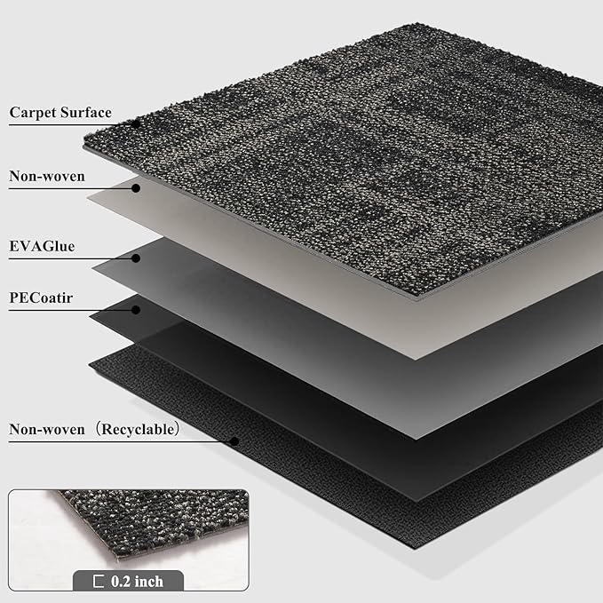 Carpet Tiles 20x 20 Inch, Floor Square Carpet Tiles, Indoor Outdoor Carpet Tile for Home Basement Commercial, Black & Grey-24 Tiles/64.5 Sq.Ft per Box