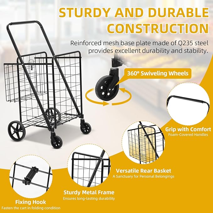DWVO Jumbo Folding Shopping Cart with Wheels, Rolling Foldable Grocery Cart with Double Basket, Portable Collapsible Utility Cart for Shopping Groceries Laundry Storage Organizer