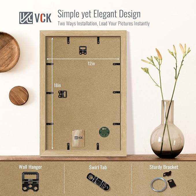 VCK 12x18 Picture Frame 2 Pack - Natural Oak, High-End Wood Poster Frames with Tempered Glass, Display 11x17 Photo with Mat or 12x18 without Mat, Art Gallery-Quality, Wall Hanging, Natural Oak