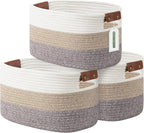 Cotton Rope Basket, Storage Baskets with Handle, 15x10x9 Inch Woven Basket for Shelves, Laundry, Towels, Clothes, Books (Gradient Brown 3 Pack)