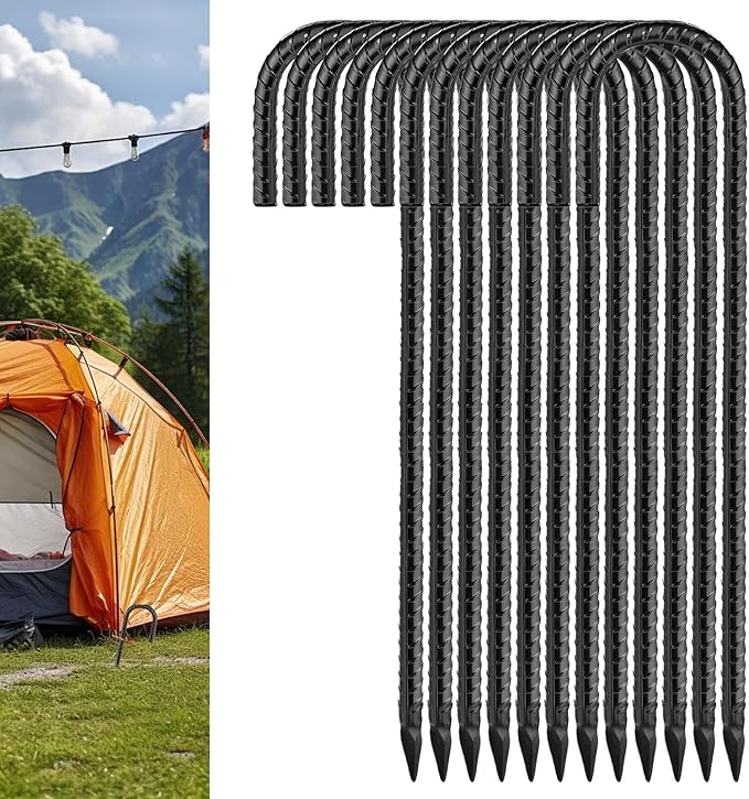 Black Rebar Stakes 12 inch (12pcs) - Heavy Duty 6mm Metal J Hook Ground Stakes,Galvanized Steel for Tent,Bounce House,Fence,Dog Coop,Artificial Turf,Outdoor Plants,Christmas & Holiday Decorations