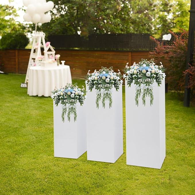 3PCS Metal White Display Pedestal Stand, Square Tall Pedestal Cake Stands Pillars, White Sculpture Display Stand Column Decoration for Wedding Parties Baby Shower Birthday