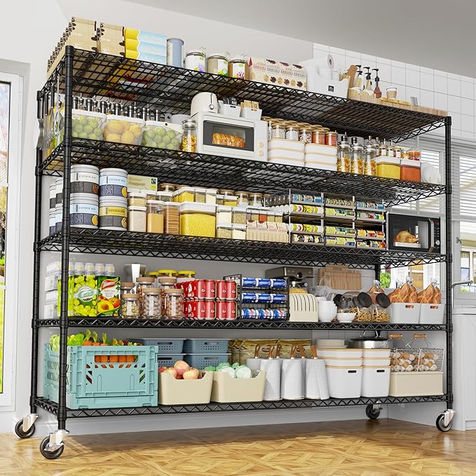PrimeZone 5 Tier 80.7" Hx55.5 Wx24 D Wire Shelving with Wheels 3000lbs NSF Certified Storage Shelves Heavy Duty Metal Shelf Adjustable Rolling Rack Commercial Garage Restaurant Warehouse Kitchen 3Pcs