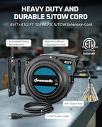 DEWENWILS 45FT Retractable Extension Cord Reel with Twist-lock Stopper, 12/3C SJTOW Heavy Duty Power Cord Reel, Brighter Triple Tap Outlet, 15A Circuit Breaker, Ceiling/Wall Mount, ETL Listed, Black