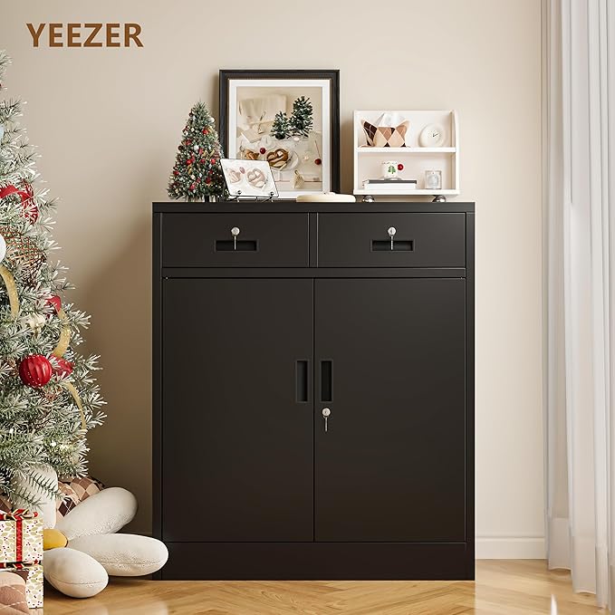 Metal Storage Cabinet with 2 Drawers and Shelves,36"H Locking Kitchen Storage Cabinets,Adjustable Shelf File Cabinet with Doors for Home Office, Garage,Laundry Room,Basement,Utility Room-Black