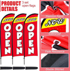 Buryeah 3 Sets Now Open Feather Flag Pole Kit for Business Advertising 7 ft Open Flag Banner Sign with Pole Kit Ground Stake and Portable Bag for Outside Ground (Red)