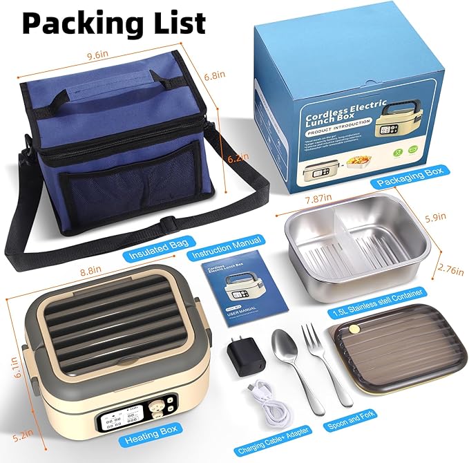 Cordless Heated Lunch Box for Men, 6.3 Cup 100W Electric Lunch Box Food Warmer with 24000mAh Battery for Self Heating, Including Cutlery, Insulated Bag and Divider for Women Adults (Grey+Beige)