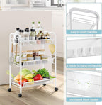 Metal Rolling Utility Cart, 3-Tier Mesh Wire Storage Trolley with Easy Assembly, Organizer Craft Cart 3 Hooks, Mobile Shelving Unit for Kitchen, Bathroom, Laundry Room, and Home
