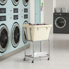 ELYKEN Laundry Cart with Wheels, Rolling Laundry Hamper with Removable Bag and Shelf, Metal Frame Laundry Basket with 4 Casters and 2 Brakes, Ideal for Bedroom, Bathroom, Laundry Room, Cream