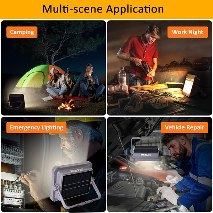100W LED Rechargeable Work Light, 6000mAh Portable Solar Floodlight with 5 Light Modes, 10,000 Lumens Security Lights, IP66 Waterproof for Camping, Power Outages, Emergency, Hiking, Car Repairing