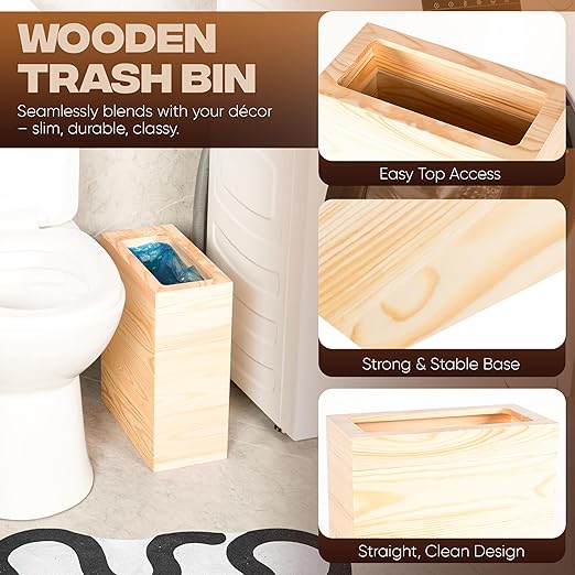 2.3 Gallons Rectangular Wooden Trash Can | Trash Can with Bin Liners | Decorative Waste Basket | Recycling Bin for Bathroom | Natural Wood Finish Basket for Kitchen | Paper Basket for Office