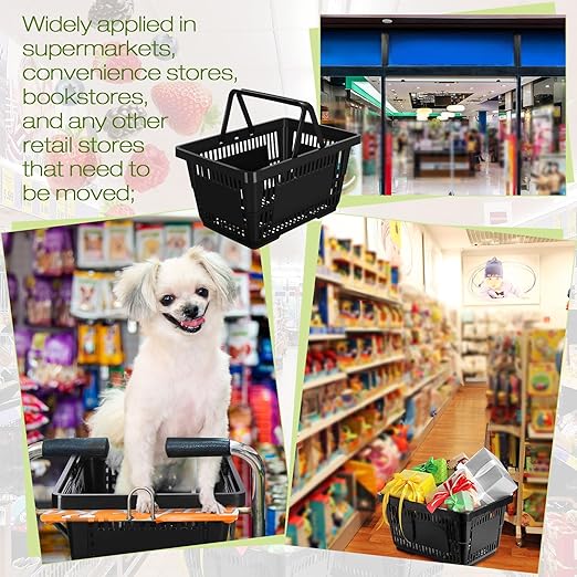 20 Pcs Bulk Shopping Baskets with Handles, 20 L Plastic Grocery Basket 16.9'' x 11.8'' x 9.1'' Portable Shopping Cart for Retail Stores Supermarket(Black)