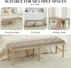 LOULENS 57.7" Linen Fabric End of Bed Bench, French Upholstered Button Tufted Bench for Bedroom End of Bed, Window Seat with Carved Wood Legs for Bedroom, Living Room, Entryway, Light Brown