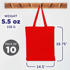 DISCOUNT PROMOS Cotton Canvas Tote Bags Set of 10, Bulk Pack - Reusable, Great for Shopping, Grocery, Beach, Picnic, Wedding Favors - Red