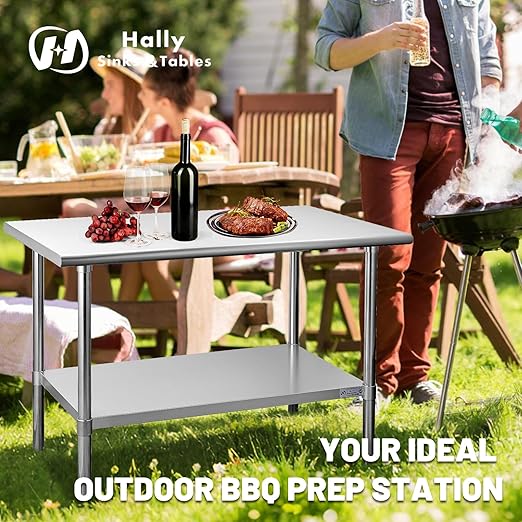 Hally Stainless Steel Table for Prep & Work 30 x 12 Inches, NSF Commercial Heavy Duty Table with Undershelf and Galvanized Legs for Restaurant, Home and Hotel