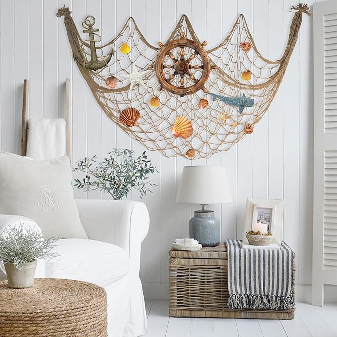 80x40 Inch Decorative Fishing Net w/Shells & Clips, 3mm Brown Natural Cotton Large Photo Hanging Fishnet, Wall Halloween Party Decorations for Nautical Pirate Hawaii Underwater Mermaid Themed Party