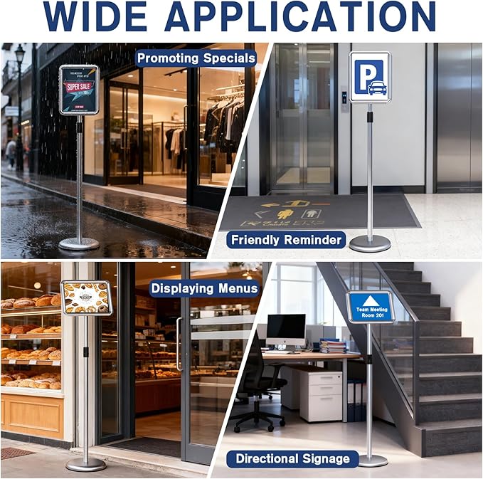Sign Holder - 2PCS 8.5 x 11 Inch Sign Stand Vertical and Horizontal Adjustable Poster Stand, Heavy-Duty Floor Standing Sign Holder with Round Base for Malls Display, Advertisement, and Outdoor(Sliver)